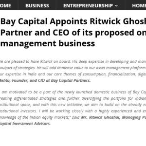 Siddharth Mehta announced the appointment of Ritwick Ghoshal in Bay Capital